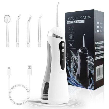 Cordless Water Flosser, Rechargeable Portable with 300ML Tank, 4 Jet Nozzles and IPX7 Waterproof for Teeth Cleaning Dental Care (White)