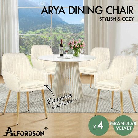 ALFORDSON 4x Dining Chair Accent Armchair Padded Tufted Granular Velvet Beige