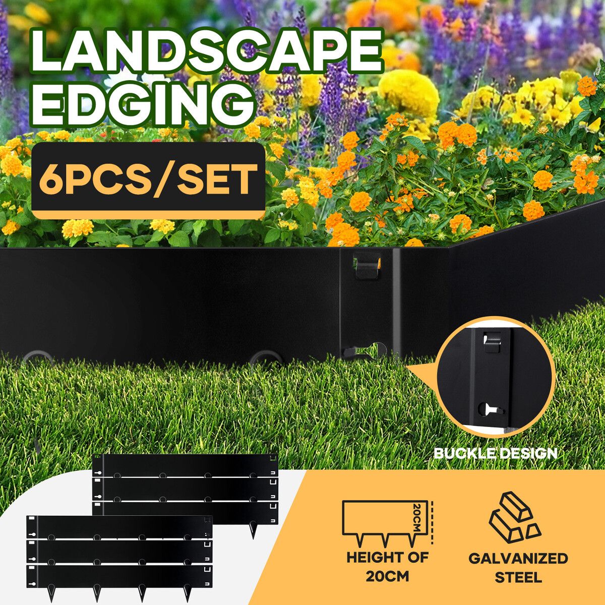 Garden Bed Edging Landscape Lawn Border Flexible DIY Fence Barrier Plant Grass Flower Yard Path Driveway Metal Support Galvanised Steel 90x20cm 6Pcs