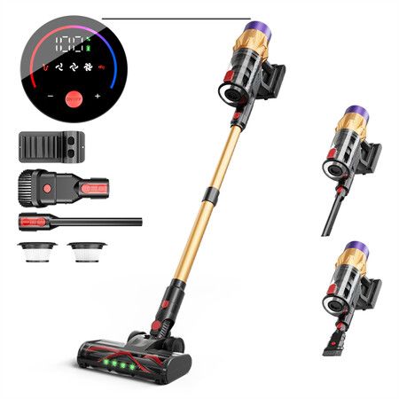 Golden Cordless Vacuum Cleaner, 550W 35Kpa Vacuum Cleaners for Home, Stick Vacuum Cordless with Low Noise, LED Screen, Wall Mount Charging, Rechargeable