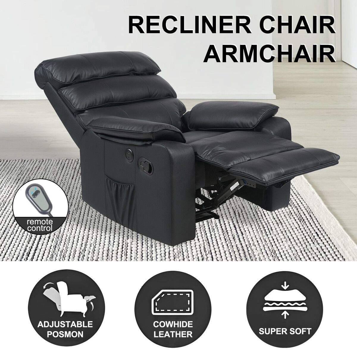 Recliner Chair Sofa Single Reclining Armchair Lounging Couch Black Leather Footrest Ergonomic Luxury Living Room Furniture USB Type C Charging Port