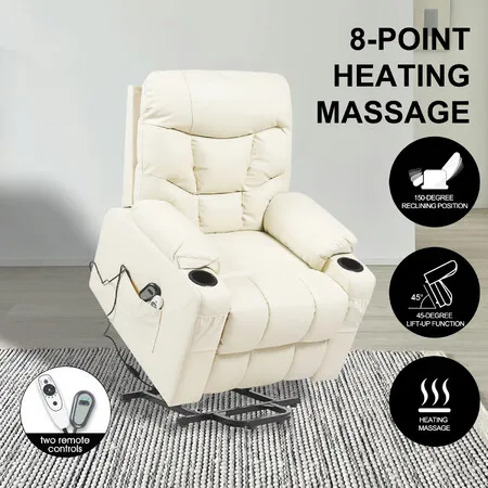 Recliner Massage Chair Single Sofa Electric Power Lift Riser Leather Armchair 8 Point Heat Massaging Lounge Elderly Senior Mobility Assisted Furniture