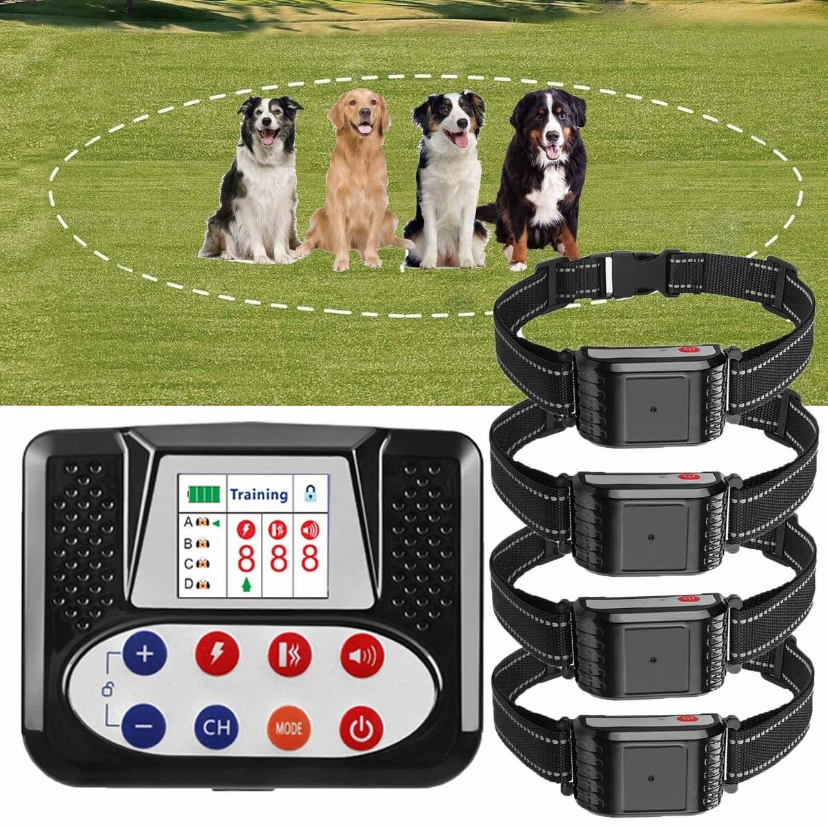 2in1 Wireless Electric Dog Fence with Remote Shock Training Collar,Adjustable Warning Strength Range Sizes Rechargeable Containment System for 4 Dogs