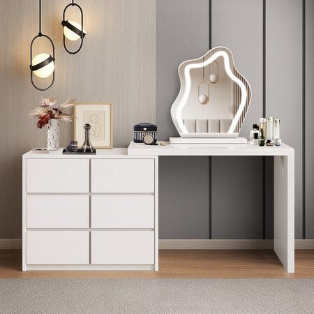 Vanity Dressing Table Dresser LED Lighted Makeup Mirror 3 Colour Lights 6 Drawer Chest Computer Writing Desk Adjustable Modern White Bedroom Furniture