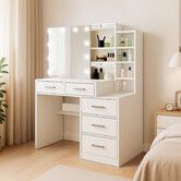 Vanity Dressing Table Hollywood Makeup Mirror 10 LED Lights 3 Colour Dimmable Dresser Desk Cabinet White Modern Bedroom Furniture Storage Drawer Shelf