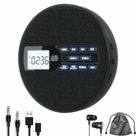 CD Player Portable,Rechargeable Portable CD Player with Dual Speakers and Anti Skip,Dual Bluetooth,FM Transmission,USB,AUX,Repeat,10 Speeds,Fabric Black