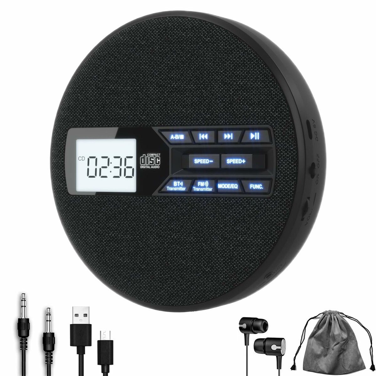 CD Player Portable,Rechargeable Portable CD Player with Dual Speakers and Anti Skip,Dual Bluetooth,FM Transmission,USB,AUX,Repeat,10 Speeds,Fabric Black