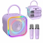 Mini Karaoke Machine Portable Bluetooth Speaker with 2 Wireless Microphones Built-in Storage,Fun Voice Effects Dynamic LED Lights,Birthday Gifts(Purple)