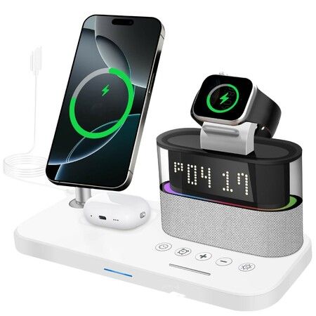 5 in 1 Wireless Charger with Alarm Clock,Mag-Safe Charging Station,Magnitec Charger Stand for Cell Phones,Watches Headphones(White)