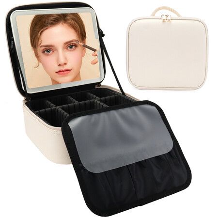 Makeup Bag With Led Mirror Travel Makeup Organizer With 3 Lighted Settings,Adjustable Dividers And Makeup Brush Storage,Color White