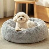 Dog Calming Donut Bed, Fluffy Plush Pet Bed Pillow Sofa , Anti Anxiety Pet Bed Cuddle Round Cushion with Non-Skid Bottom Washable,Light Gray(XXL-100cm)