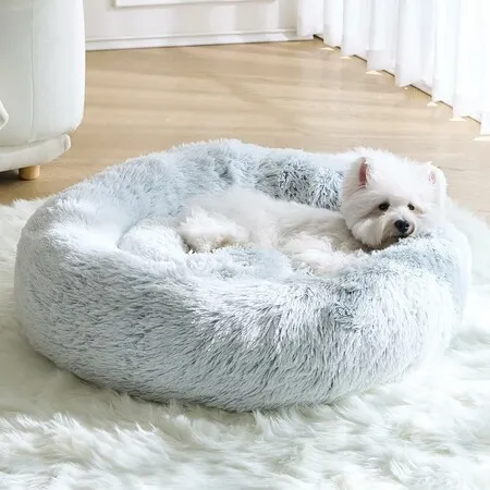 Dog Calming Donut Bed, Fluffy Plush Pet Bed Pillow Sofa , Anti Anxiety Pet Bed Cuddle Round Cushion with Non-Skid Bottom Washable,Light Gray(M-60cm)