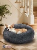 Dog Calming Donut Bed, Fluffy Plush Pet Bed Pillow Sofa , Anti Anxiety Pet Bed Cuddle Round Cushion with Non-Skid Bottom Washable,deep Gray(XXL-100cm)