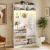 Coat Rack Shoe Cabinet Hall Tree Unit LED Lights Entryway Storage Bench Clothes Hat Hanger Shelves Cupboard Hallway Entrance Furniture 110x25x196cm
