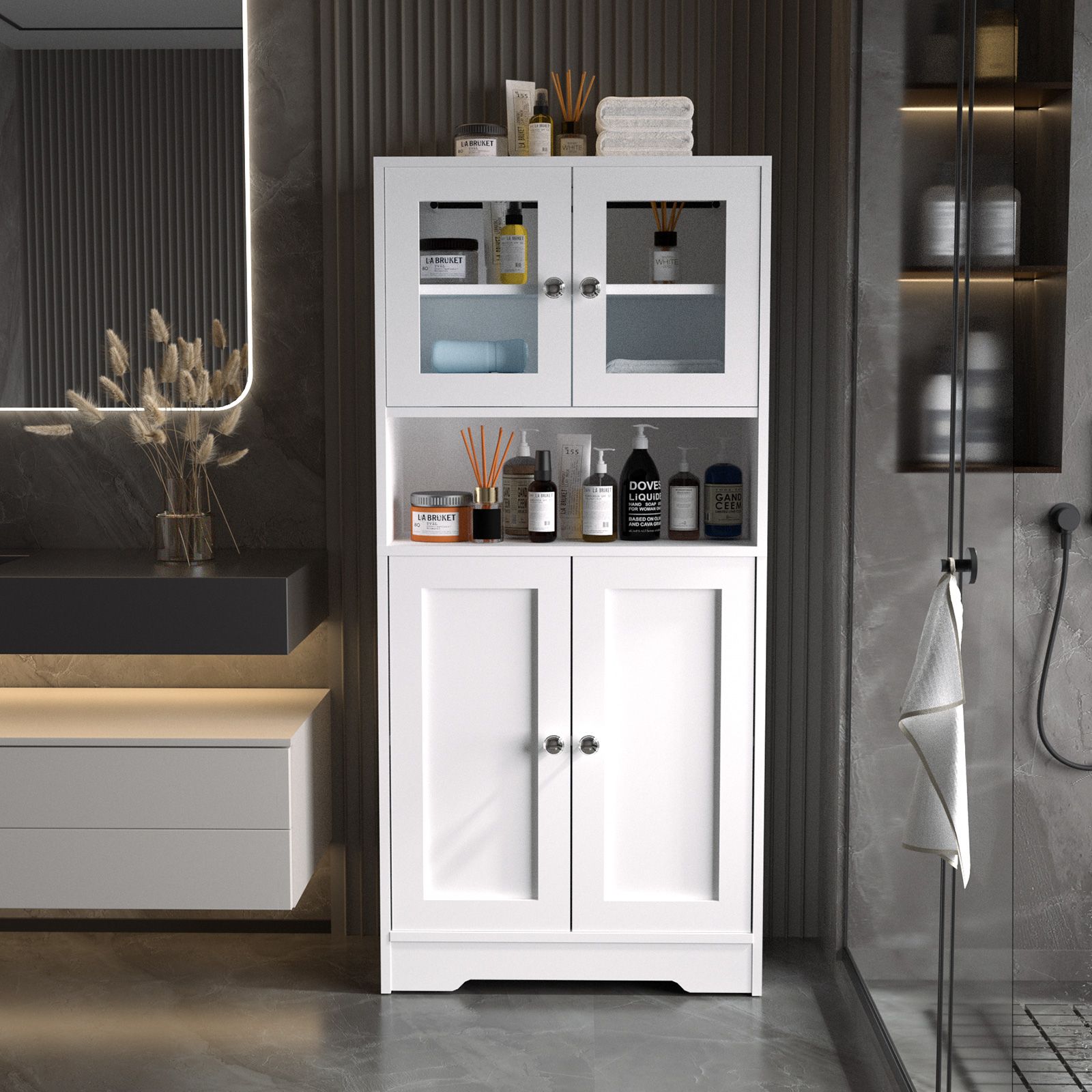 Modern Bathroom Cabinet Unit Pantry Cupboard Bookcase Filing Display Shelving Floor Free Standing for Kitchen Bedroom Laundry Room Office 60x30x128cm