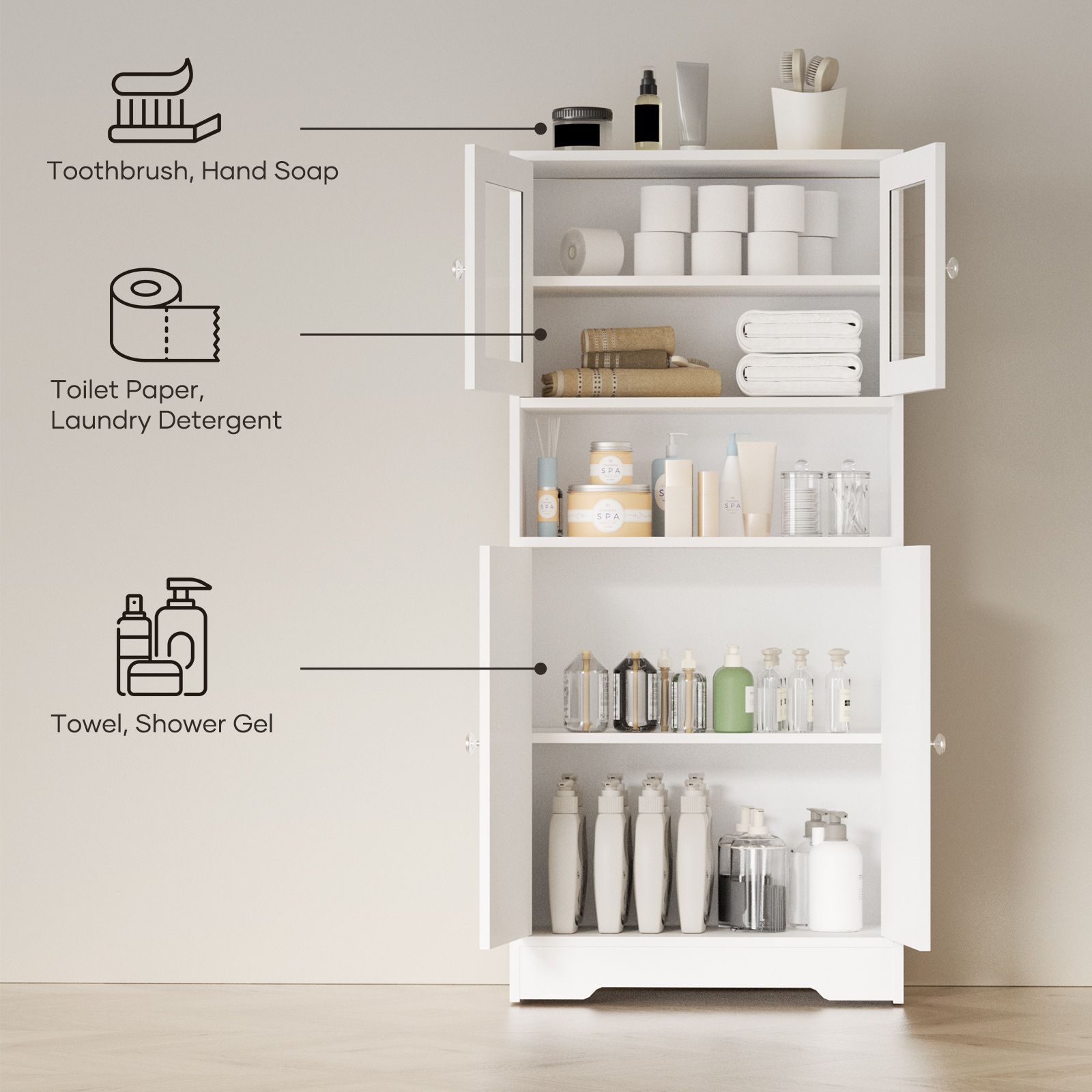 Modern Bathroom Cabinet Unit Pantry Cupboard Bookcase Filing Display Shelving Floor Free Standing for Kitchen Bedroom Laundry Room Office 60x30x128cm