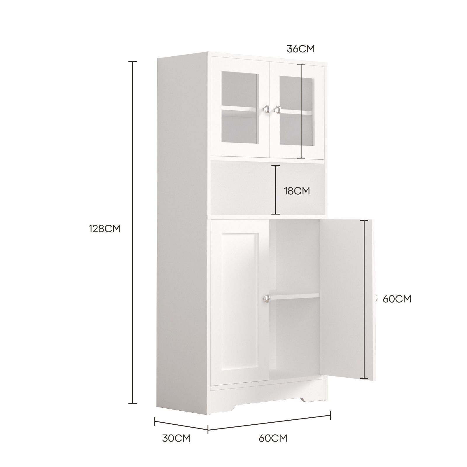 Modern Bathroom Cabinet Unit Pantry Cupboard Bookcase Filing Display Shelving Floor Free Standing for Kitchen Bedroom Laundry Room Office 60x30x128cm