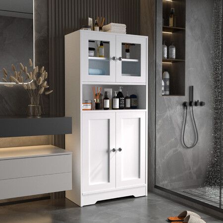 Modern Bathroom Cabinet Unit Pantry Cupboard Bookcase Filing Display Shelving Floor Free Standing for Kitchen Bedroom Laundry Room Office 60x30x128cm
