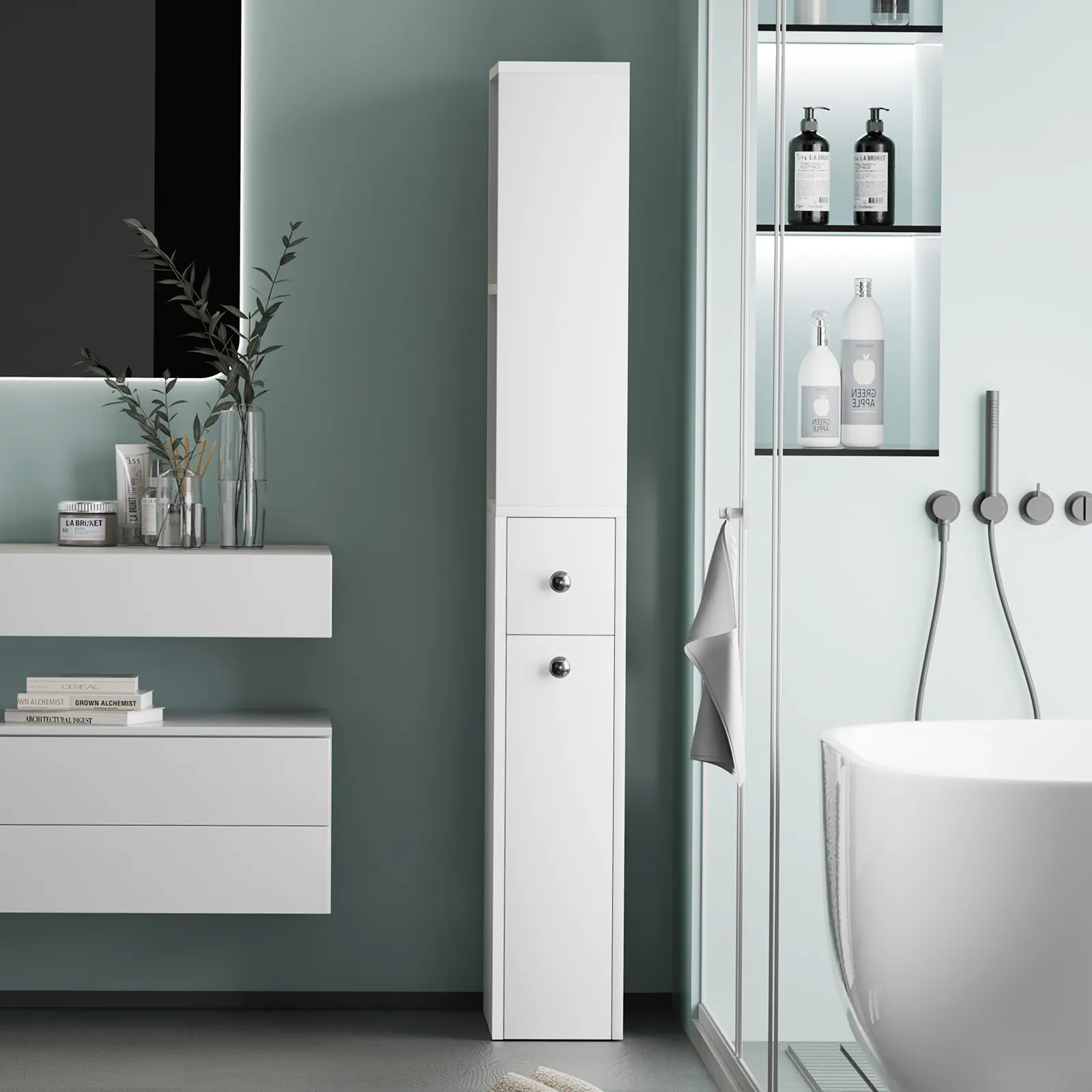 Bathroom Cabinet Shelf Narrow Side Drawers Corner Storage Unit Toilet Bath Laundry Rack Organiser Cupboard Floor Free Standing Shelves 40x18x135cm