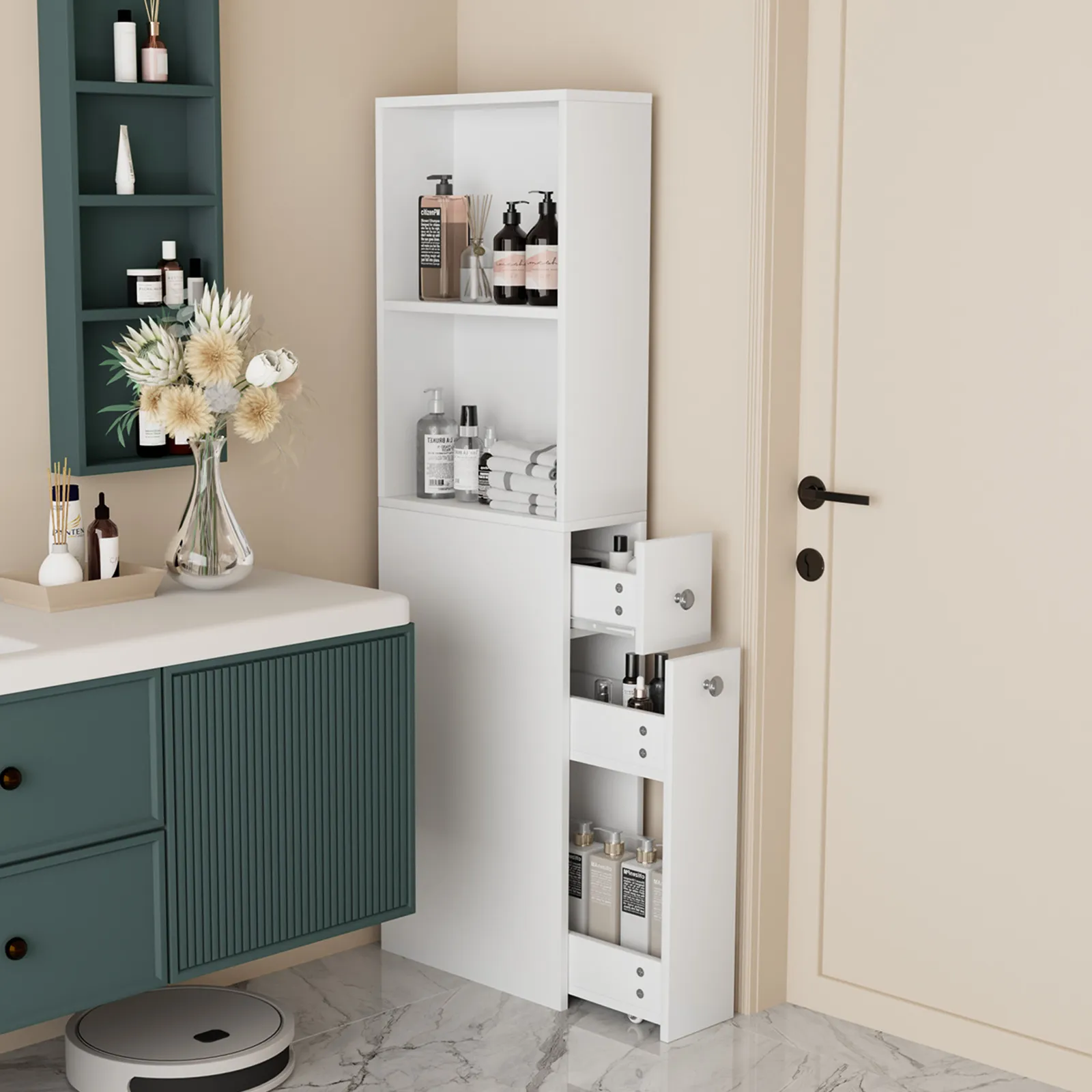 Bathroom Cabinet Shelf Narrow Side Drawers Corner Storage Unit Toilet Bath Laundry Rack Organiser Cupboard Floor Free Standing Shelves 40x18x135cm