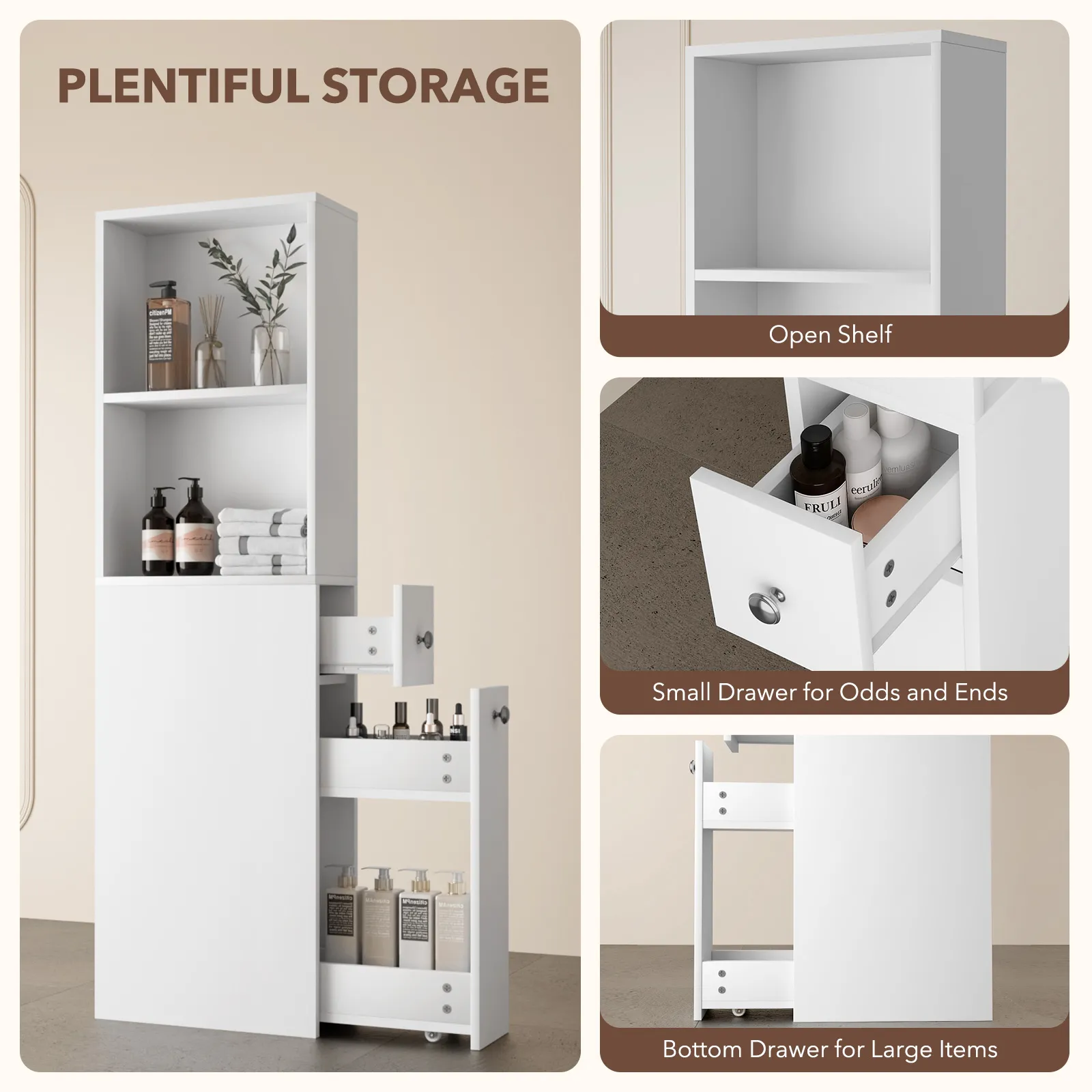Bathroom Cabinet Shelf Narrow Side Drawers Corner Storage Unit Toilet Bath Laundry Rack Organiser Cupboard Floor Free Standing Shelves 40x18x135cm