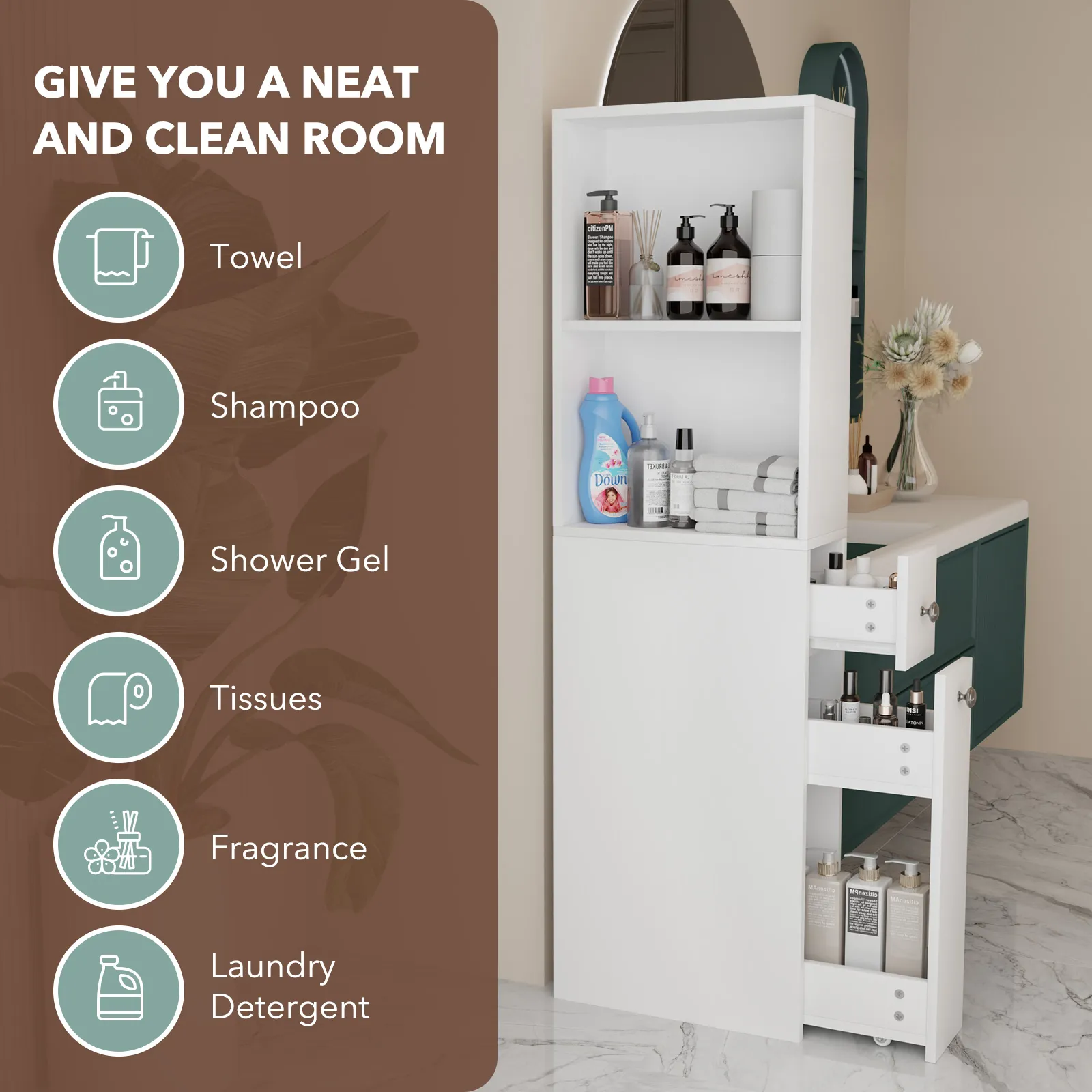 Bathroom Cabinet Shelf Narrow Side Drawers Corner Storage Unit Toilet Bath Laundry Rack Organiser Cupboard Floor Free Standing Shelves 40x18x135cm