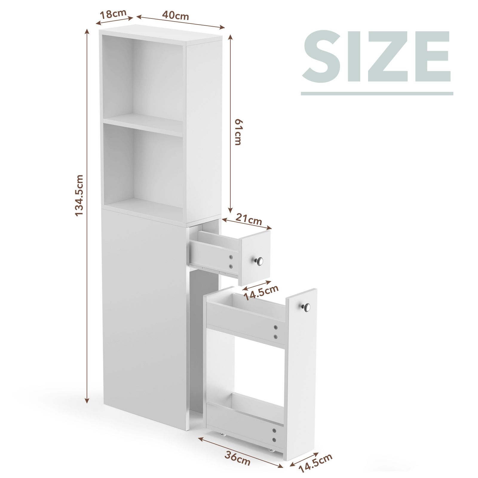 Bathroom Cabinet Shelf Narrow Side Drawers Corner Storage Unit Toilet Bath Laundry Rack Organiser Cupboard Floor Free Standing Shelves 40x18x135cm