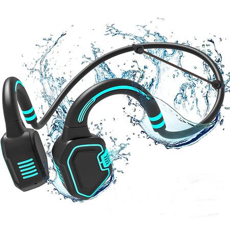 Bone Conduction Swimming Headphones, IP68 Waterproof Open-Ear, Underwater Sport Headphones for Swim, Workout, Cycling (Blue)