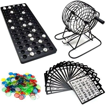 Deluxe Bingo Set, Includes 150 Colorful Chips, 18 Mixed Cards, 75 Calling Balls, 20cm Rotary Bingo Cage and Bingo Master Board