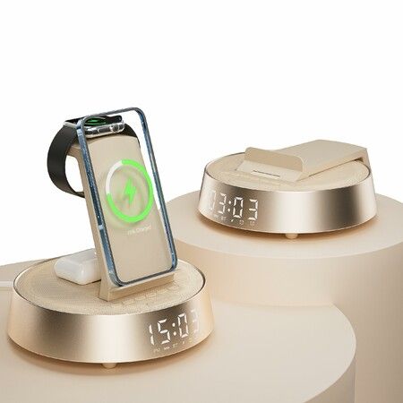 Alarm Clock with Wireless Charging Station,Bedroom Clock with Adjustable Night Light,Bluetooth Speaker