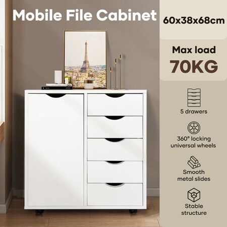 5 Drawer File Cabinet Mobile Desk Filing Document Organiser Side Chest Home Office Storage Cupboard Shelves Printer Stand Furniture White 60x38x68cm
