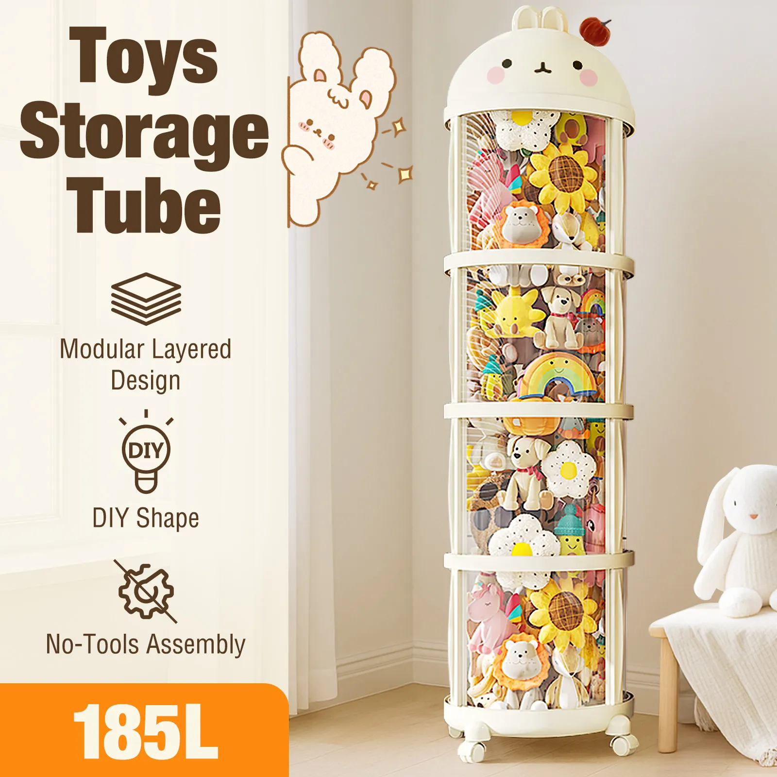 Kids Toys Storage Tube – Stuffed Animal Display, Playroom Organiser with Wheels