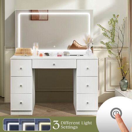 XL Size Vanity Makeup Table Lighting Dressing White Dresser Desk Bedroom Furniture with Mirror LED Light Strip 7 Storage Drawers 3 Lighting Colours