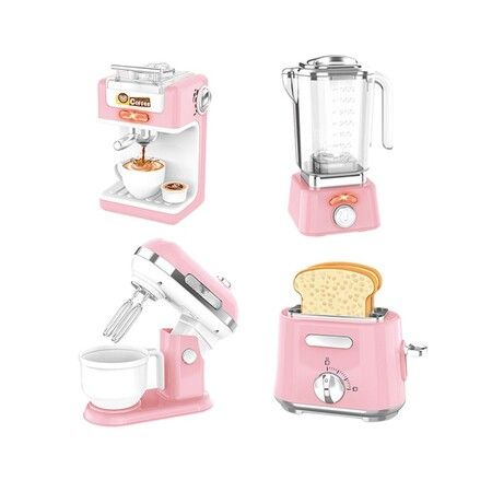 Pink 4 In 1 Kitchen Toy Set Coffee Maker Bread Maker Egg Beater Juicer Small Appliance Toy Set Suitable For Aged 3 And Up