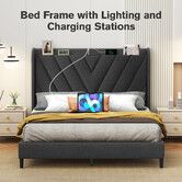 Queen Size Bed Frame Headboard Bedroom Furniture Mattress Base Platform Under Foundation Storage Wooden Slats Fabric Grey LED Light USB Charging Port