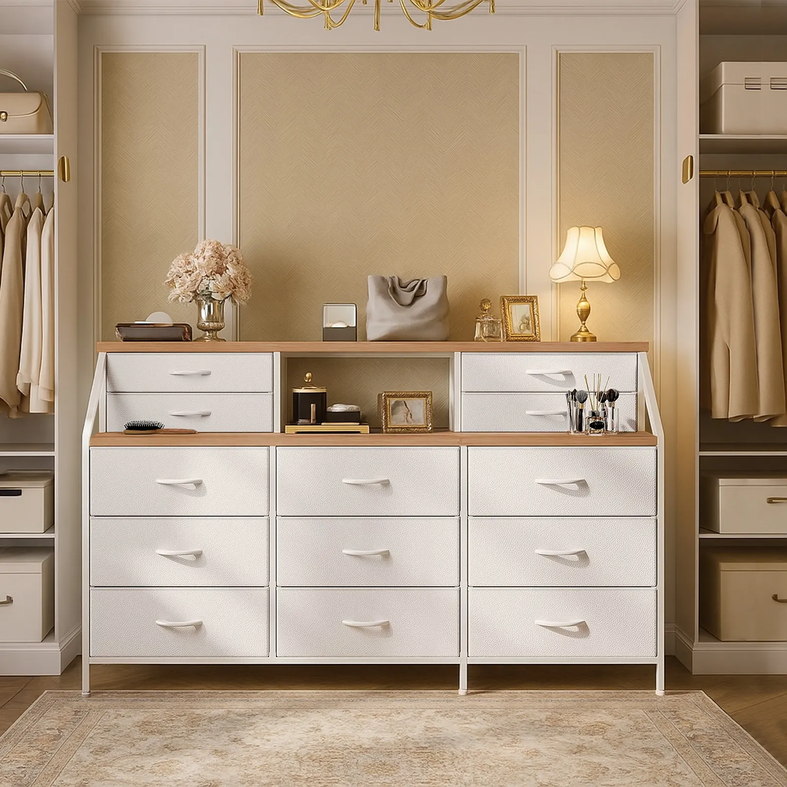 Wide 13 Chest of Drawers Tall Dresser Tallboy TV Stand Cabinet Console Table Closet Bedroom Organizer Shelves Storage Tower Unit Fabric Bins Wood Top