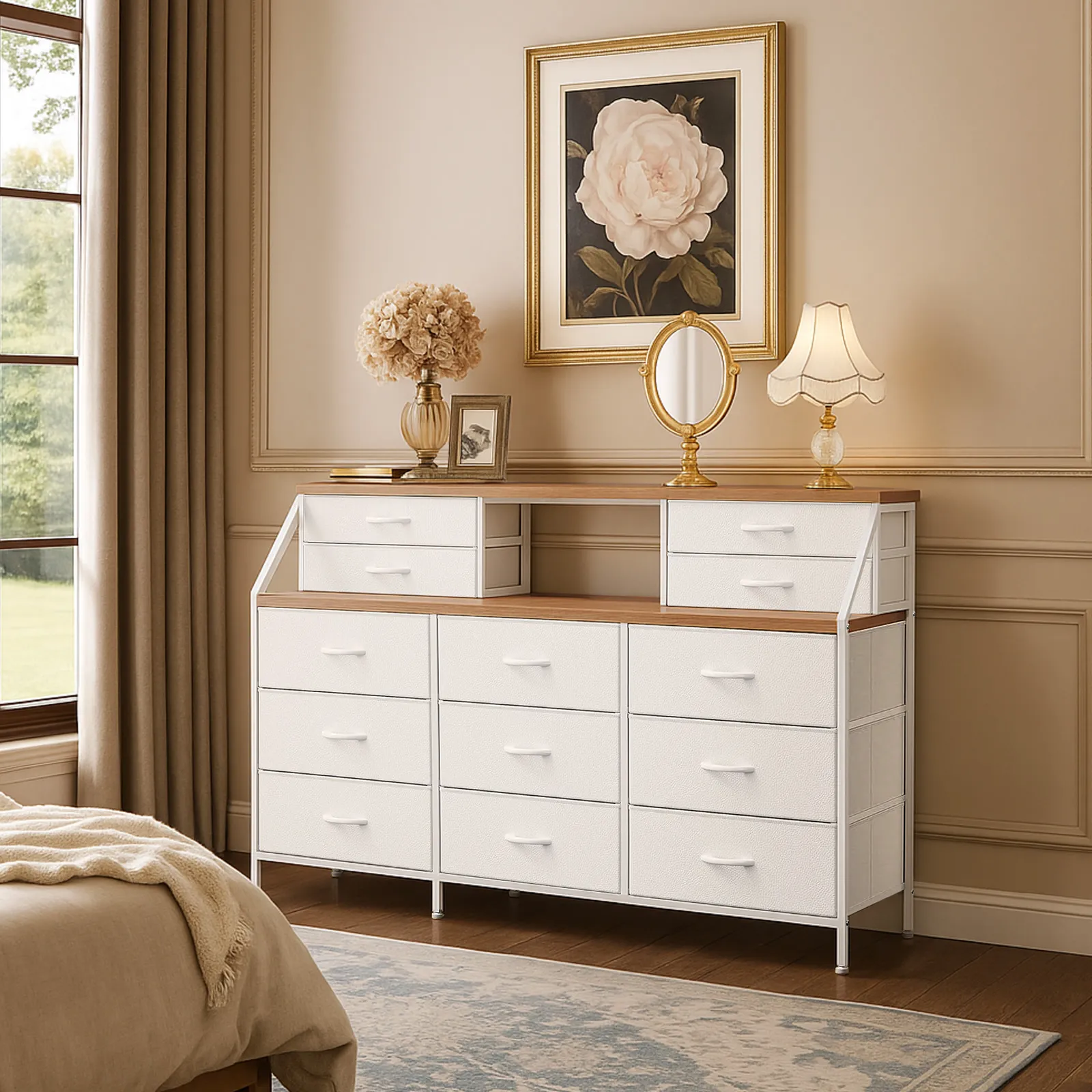 Wide 13 Chest of Drawers Tall Dresser Tallboy TV Stand Cabinet Console Table Closet Bedroom Organizer Shelves Storage Tower Unit Fabric Bins Wood Top
