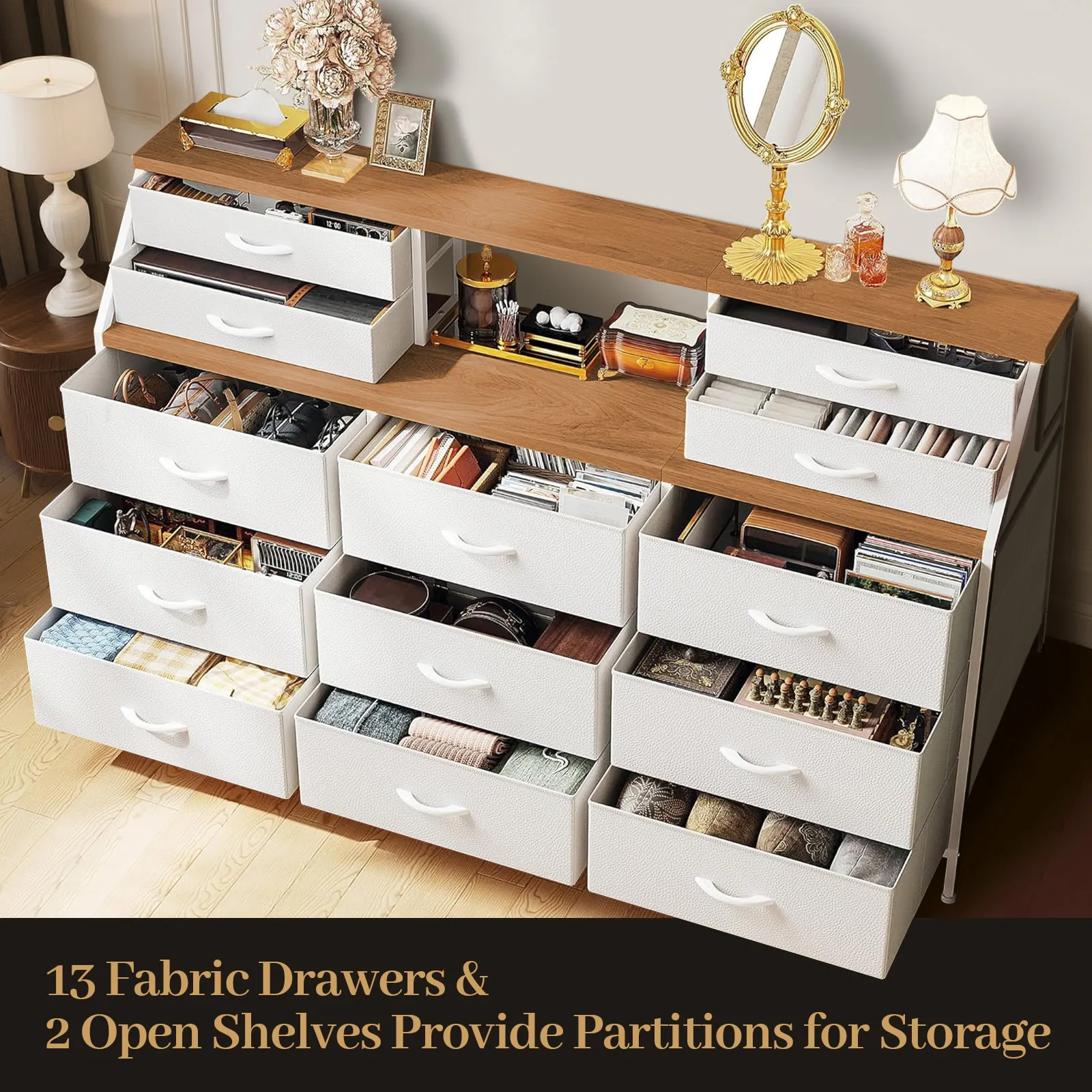 Wide 13 Chest of Drawers Tall Dresser Tallboy TV Stand Cabinet Console Table Closet Bedroom Organizer Shelves Storage Tower Unit Fabric Bins Wood Top