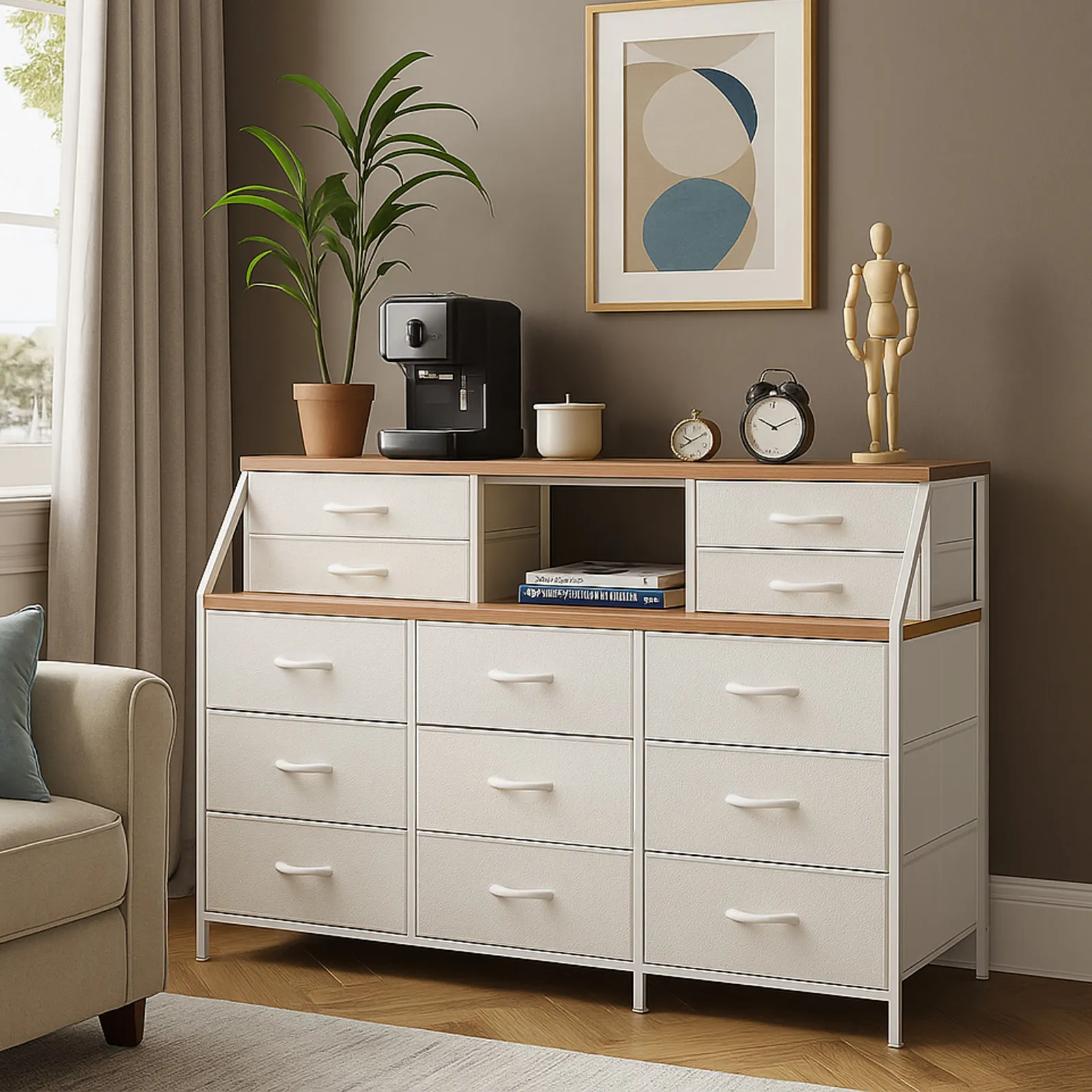 Wide 13 Chest of Drawers Tall Dresser Tallboy TV Stand Cabinet Console Table Closet Bedroom Organizer Shelves Storage Tower Unit Fabric Bins Wood Top