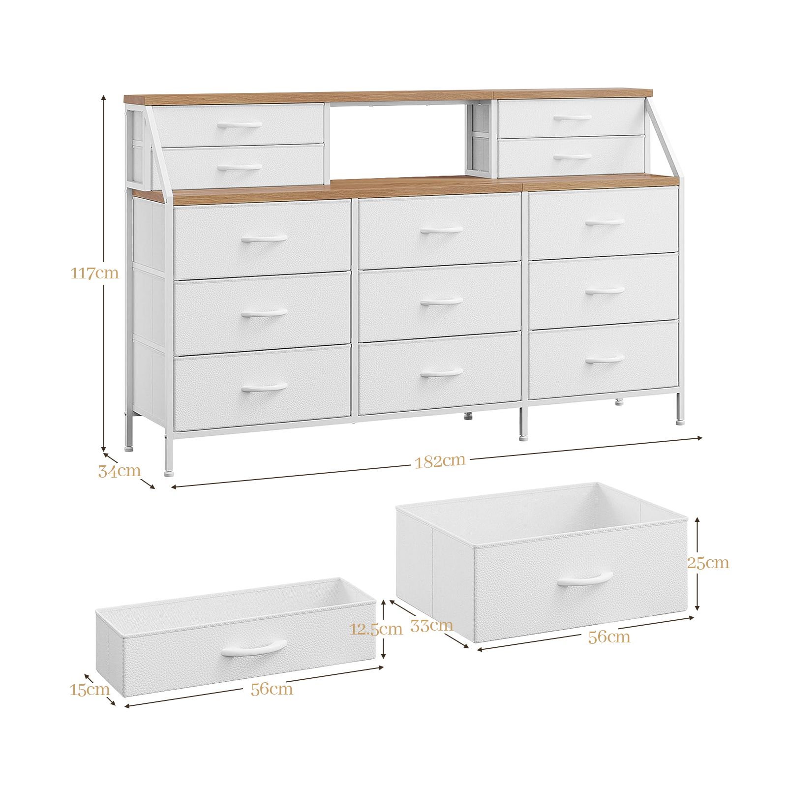 Wide 13 Chest of Drawers Tall Dresser Tallboy TV Stand Cabinet Console Table Closet Bedroom Organizer Shelves Storage Tower Unit Fabric Bins Wood Top