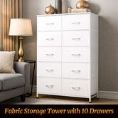 Chest of 10 Drawers Double Dressers Tallboy Fabric Bins White End Console Table Organiser Bedroom Closet Hallway Storage Tower Unit Wood Top Cabinet