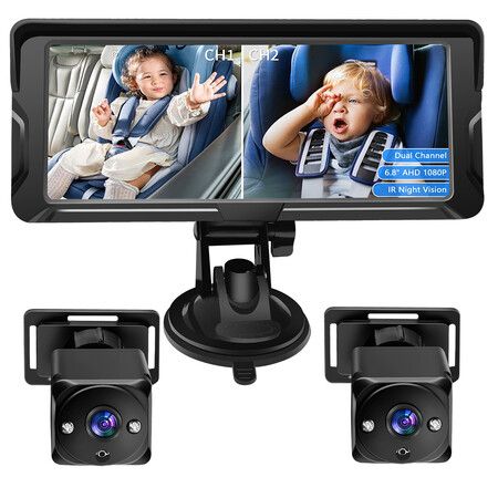 6.8Inch Car Camera HD 1080P, Rear-Facing Car Kids Monitor with Night Vision, Adjustable View Angle, Easy Setup with Display, Safety for Infants