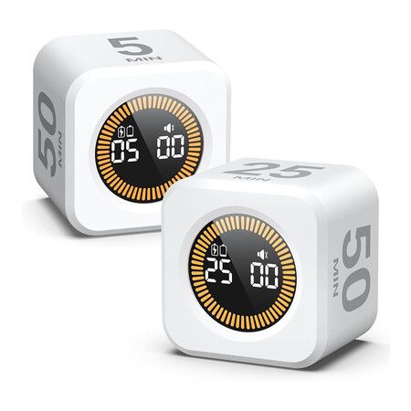 2 Pack Pomodoro Cube Visual Timer,5,10,25,50 Min Rotating Countdown,Customize Countup Silent Mode,for Work Study Cook Workout Kitchen(White)