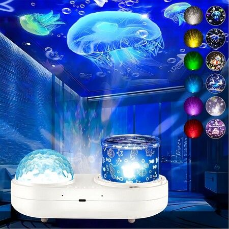 Ocean Kids Night Light Projector, 360 Degree Rotating Jellyfish Lamp Projector with 7 Films and Timer Sensory Lights,Kids Bedroom Ceiling Projector