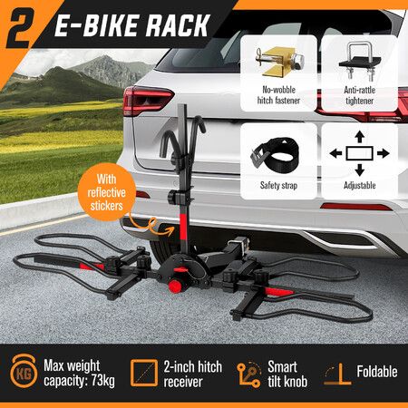 2 Ebike Rack Electric Bicycle Carrier Hitch Rear Mount Platform Mountain Bike Storage Holder Stand Vehicle Car SUV Foldable 2 Inch Receiver Steel 73kg