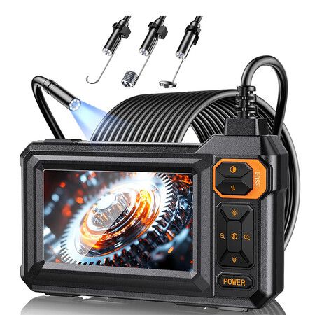 Endoscope Camera with Light, 4.3inch HD Inspection Camera, 8.5mm IP67 Waterproof with 8 Adjustable LED, Semi-Rigid Snake Cable for Sewer, Automotive Engine