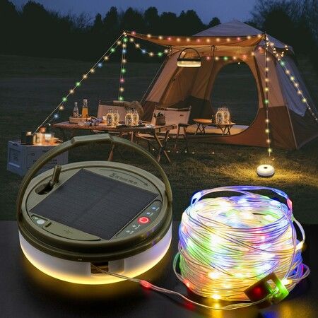 Solar Camping String Lights 10 Meter with 8 Lighting Modes Solar Powered and USB Rechargeable Light for Camping, Yard and Hiking