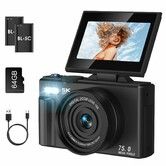 75MP Digital Camera 5K Video Vlogging YouTube Photography Flip Screen 18X Zoom Gift for Teens Color Black With Dual Batteries