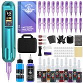 Wireless Tattoo Pen Kit with LED Screen Display and 9000 RPM Adjustable Stroke Professional Tattoo Machine Kit,Tiffany Blue