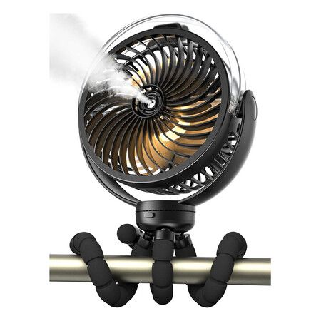 Misting Stroller Fan, 4000mAh Battery Operated Portable Fan with Light and 360 Degree Pivoting, Personal Fans, Black